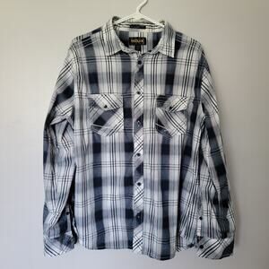 Helix Western Blue Plaid Button Up Shirt Mens L Athletic Fit Roll Tab Sleeves